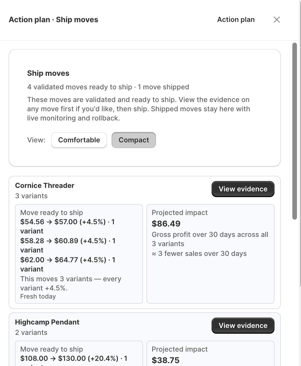 The daily briefing's ship-ready moves, each with its projected gross profit